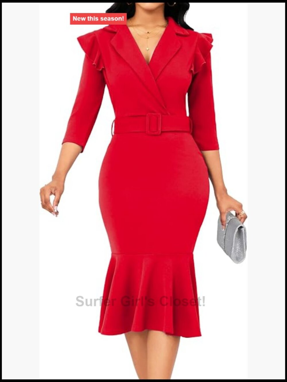 Women's Vintage Business Pencil Dress 3/4 Sleeve V-Neck Mermaid Formal Midi